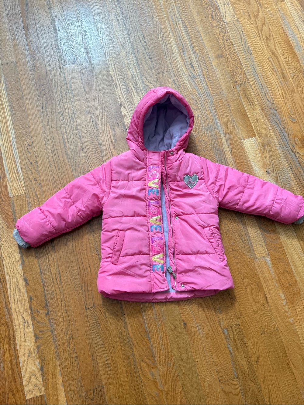 Girls' Pink Hooded Puffer Jacket with Heart Patch